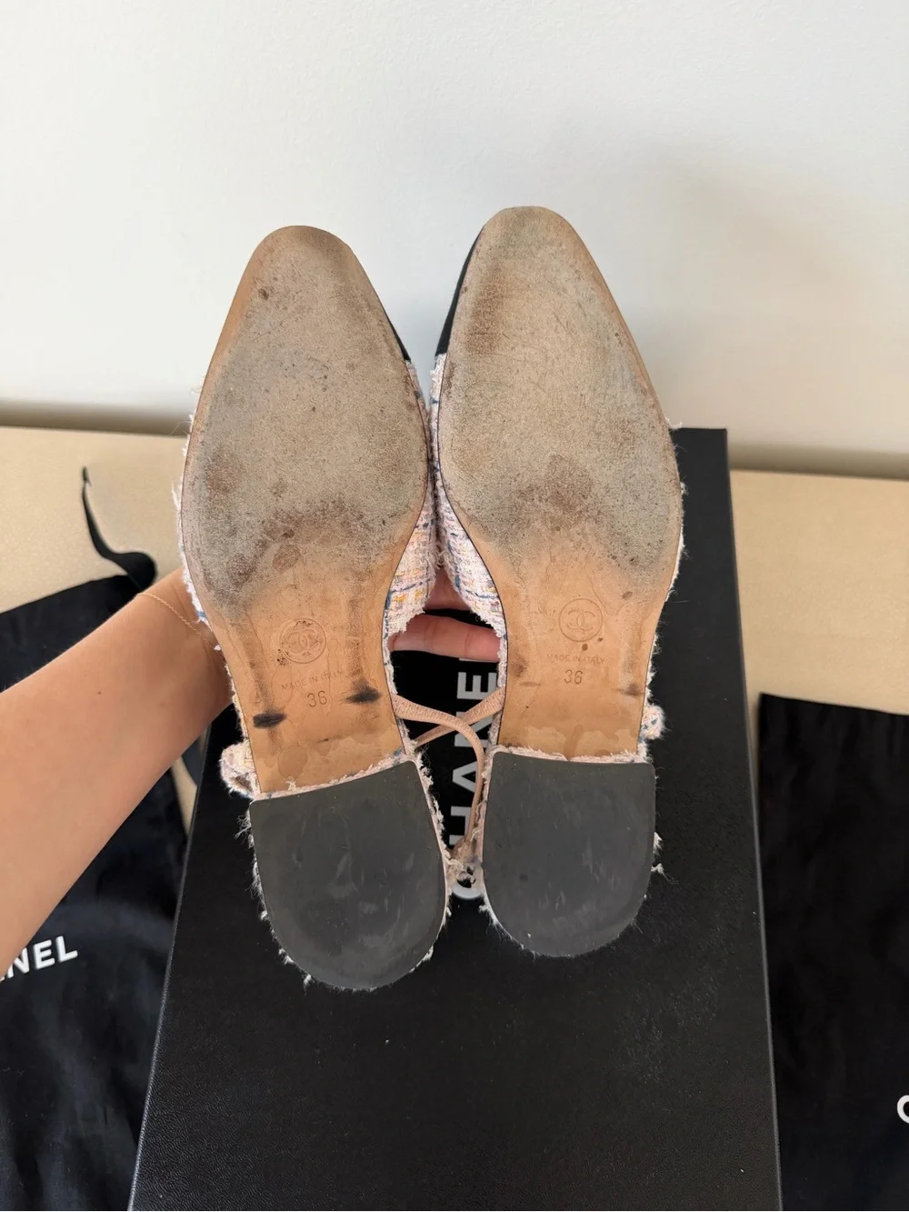 CHANEL Pink Tweed Slingback Mules with Black Cap Toe
